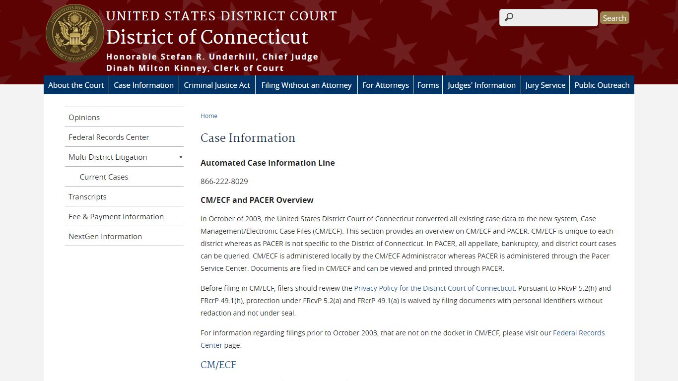 Case Information | District of Connecticut - United States Courts